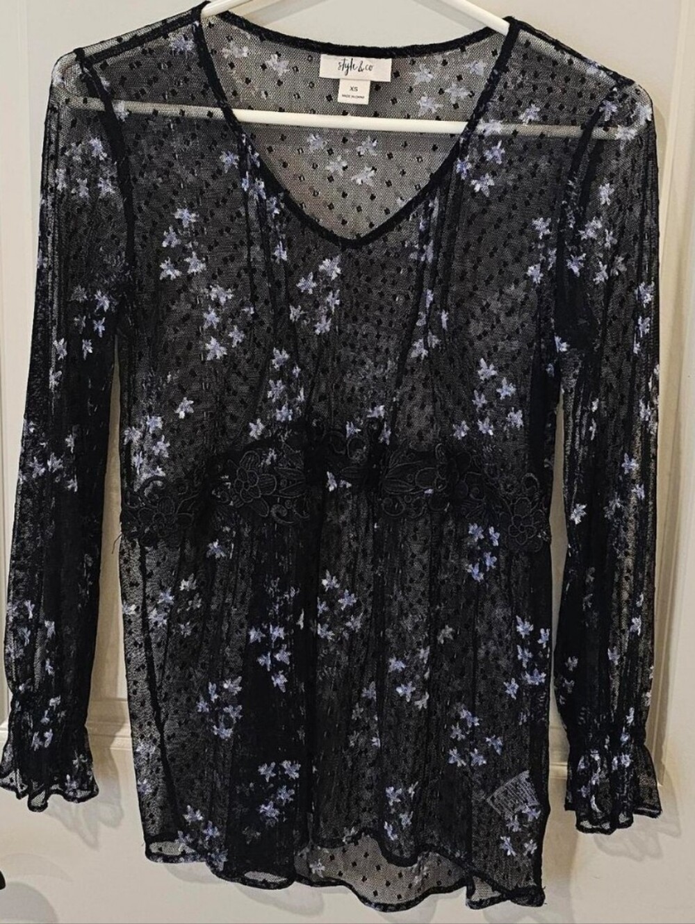 Sheer Floral Lace Trim Long-Sleeve Top